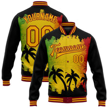 Загрузить изображение в средство просмотра галереи, Custom Black Gold-Crimson Black History Month Hawaii Palm Trees 3D Bomber Full-Snap Varsity Letterman Jacket