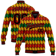 Laden Sie das Bild in den Galerie-Viewer, Custom Red Black Kelly Green-Gold Black History Month 3D Pattern Design Bomber Full-Snap Varsity Letterman Jacket