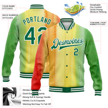 Laden Sie das Bild in den Galerie-Viewer, Custom Gold Kelly Green-Red Black History Month 3D Pattern Design Bomber Full-Snap Varsity Letterman Jacket