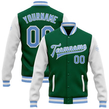 Load image into Gallery viewer, Custom Kelly Green Light Blue-White Bomber Full-Snap Varsity Letterman Two Tone Jacket