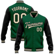 Laden Sie das Bild in den Galerie-Viewer, Custom Kelly Green Cream-Black Bomber Full-Snap Varsity Letterman Two Tone Jacket
