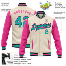 Load image into Gallery viewer, Custom Cream Aqua Black-Pink Bomber Full-Snap Varsity Letterman Two Tone Jacket