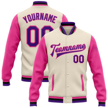 Load image into Gallery viewer, Custom Cream Aqua Purple Pink-Black Bomber Full-Snap Varsity Letterman Two Tone Jacket
