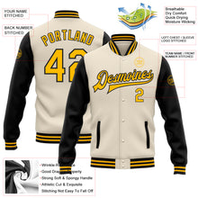 Load image into Gallery viewer, Custom Cream Gold-Black Bomber Full-Snap Varsity Letterman Two Tone Jacket