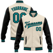 Load image into Gallery viewer, Custom Cream Teal-Black Bomber Full-Snap Varsity Letterman Two Tone Jacket