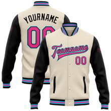 Load image into Gallery viewer, Custom Cream Pink Black-Sky Blue Bomber Full-Snap Varsity Letterman Two Tone Jacket