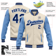 Load image into Gallery viewer, Custom Cream Navy-Light Blue Bomber Full-Snap Varsity Letterman Two Tone Jacket