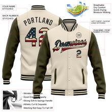 Charger l'image dans la galerie, Custom Cream Vintage USA Flag Olive-Black Bomber Full-Snap Varsity Letterman Two Tone Jacket