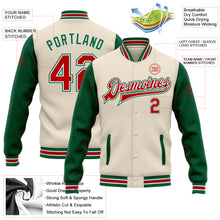 Load image into Gallery viewer, Custom Cream Red-Kelly Green Bomber Full-Snap Varsity Letterman Two Tone Jacket