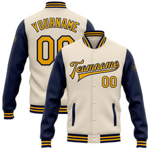 Load image into Gallery viewer, Custom Cream Gold-Navy Bomber Full-Snap Varsity Letterman Two Tone Jacket