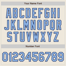 Load image into Gallery viewer, Custom Cream Light Blue-Navy Bomber Full-Snap Varsity Letterman Two Tone Jacket