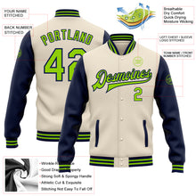 Laden Sie das Bild in den Galerie-Viewer, Custom Cream Neon Green-Navy Bomber Full-Snap Varsity Letterman Two Tone Jacket