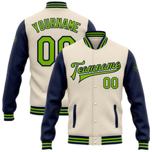 Laden Sie das Bild in den Galerie-Viewer, Custom Cream Neon Green-Navy Bomber Full-Snap Varsity Letterman Two Tone Jacket