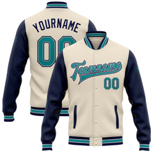 Load image into Gallery viewer, Custom Cream Teal Navy-Gray Bomber Full-Snap Varsity Letterman Two Tone Jacket