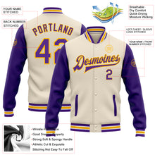 Load image into Gallery viewer, Custom Cream Purple-Gold Bomber Full-Snap Varsity Letterman Two Tone Jacket
