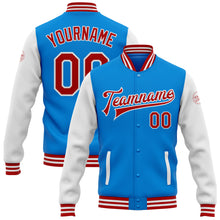 Load image into Gallery viewer, Custom Powder Blue Red-White Bomber Full-Snap Varsity Letterman Two Tone Jacket