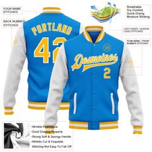 Laden Sie das Bild in den Galerie-Viewer, Custom Powder Blue Gold-White Bomber Full-Snap Varsity Letterman Two Tone Jacket