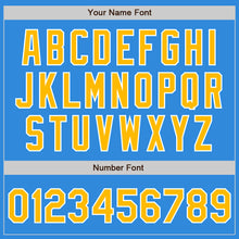 Laden Sie das Bild in den Galerie-Viewer, Custom Powder Blue Gold-White Bomber Full-Snap Varsity Letterman Two Tone Jacket