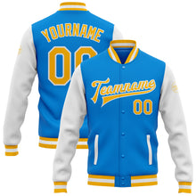 Laden Sie das Bild in den Galerie-Viewer, Custom Powder Blue Gold-White Bomber Full-Snap Varsity Letterman Two Tone Jacket