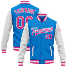 Charger l'image dans la galerie, Custom Powder Blue Pink-White Bomber Full-Snap Varsity Letterman Two Tone Jacket