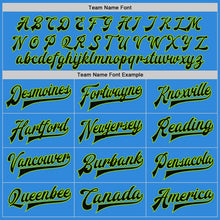 Load image into Gallery viewer, Custom Powder Blue Black Cream-Neon Green Bomber Full-Snap Varsity Letterman Two Tone Jacket