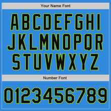 Load image into Gallery viewer, Custom Powder Blue Black Cream-Neon Green Bomber Full-Snap Varsity Letterman Two Tone Jacket