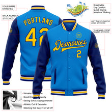 Load image into Gallery viewer, Custom Powder Blue Yellow-Royal Bomber Full-Snap Varsity Letterman Two Tone Jacket