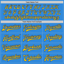 Load image into Gallery viewer, Custom Powder Blue Yellow-Royal Bomber Full-Snap Varsity Letterman Two Tone Jacket