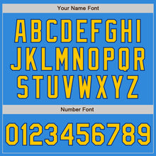 Load image into Gallery viewer, Custom Powder Blue Yellow-Royal Bomber Full-Snap Varsity Letterman Two Tone Jacket