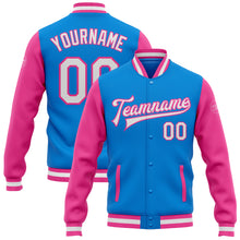 Load image into Gallery viewer, Custom Powder Blue White-Pink Bomber Full-Snap Varsity Letterman Two Tone Jacket