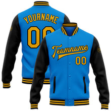 Загрузить изображение в средство просмотра галереи, Custom Powder Blue Gold-Black Bomber Full-Snap Varsity Letterman Two Tone Jacket