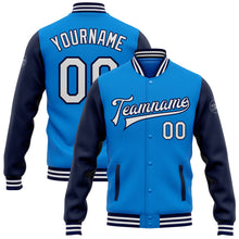 Load image into Gallery viewer, Custom Powder Blue White-Navy Bomber Full-Snap Varsity Letterman Two Tone Jacket