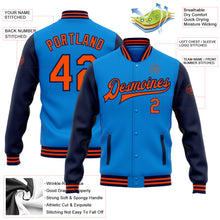 Load image into Gallery viewer, Custom Powder Blue Orange-Navy Bomber Full-Snap Varsity Letterman Two Tone Jacket