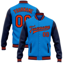 Load image into Gallery viewer, Custom Powder Blue Orange-Navy Bomber Full-Snap Varsity Letterman Two Tone Jacket