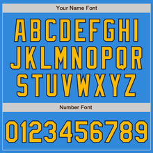 Загрузить изображение в средство просмотра галереи, Custom Powder Blue Gold-Navy Bomber Full-Snap Varsity Letterman Two Tone Jacket