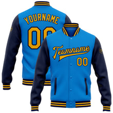 Загрузить изображение в средство просмотра галереи, Custom Powder Blue Gold-Navy Bomber Full-Snap Varsity Letterman Two Tone Jacket