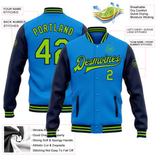 Load image into Gallery viewer, Custom Electric Blue Neon Green-Navy Bomber Full-Snap Varsity Letterman Two Tone Jacket
