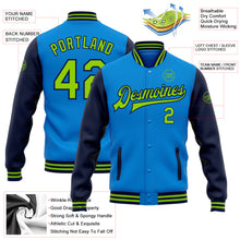 Загрузить изображение в средство просмотра галереи, Custom Powder Blue Neon Green-Navy Bomber Full-Snap Varsity Letterman Two Tone Jacket