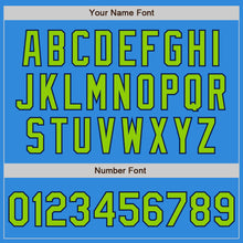 Загрузить изображение в средство просмотра галереи, Custom Powder Blue Neon Green-Navy Bomber Full-Snap Varsity Letterman Two Tone Jacket