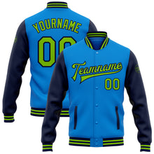 Load image into Gallery viewer, Custom Electric Blue Neon Green-Navy Bomber Full-Snap Varsity Letterman Two Tone Jacket
