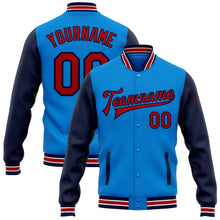 Load image into Gallery viewer, Custom Powder Blue Red-Navy Bomber Full-Snap Varsity Letterman Two Tone Jacket