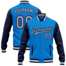 Load image into Gallery viewer, Custom Electric Blue Gray-Navy Bomber Full-Snap Varsity Letterman Two Tone Jacket
