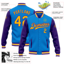 Load image into Gallery viewer, Custom Electric Blue Gold-Purple Bomber Full-Snap Varsity Letterman Two Tone Jacket
