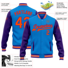 Load image into Gallery viewer, Custom Powder Blue Orange-Purple Bomber Full-Snap Varsity Letterman Two Tone Jacket