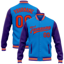 Load image into Gallery viewer, Custom Powder Blue Orange-Purple Bomber Full-Snap Varsity Letterman Two Tone Jacket