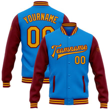 Load image into Gallery viewer, Custom Electric Blue Gold-Crimson Bomber Full-Snap Varsity Letterman Two Tone Jacket
