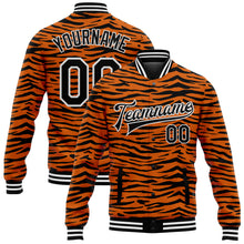 Laden Sie das Bild in den Galerie-Viewer, Custom Orange Black-White Tiger Stripes 3D Pattern Design Bomber Full-Snap Varsity Letterman Jacket