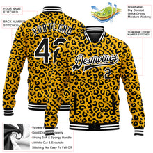 Laden Sie das Bild in den Galerie-Viewer, Custom Gold Black-White Leopard Print 3D Pattern Design Bomber Full-Snap Varsity Letterman Jacket