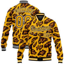 Laden Sie das Bild in den Galerie-Viewer, Custom Gold Black-White Leopard Print 3D Pattern Design Bomber Full-Snap Varsity Letterman Jacket