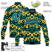 Laden Sie das Bild in den Galerie-Viewer, Custom Gold Teal-Black Leopard And Zebra Print 3D Pattern Design Bomber Full-Snap Varsity Letterman Jacket